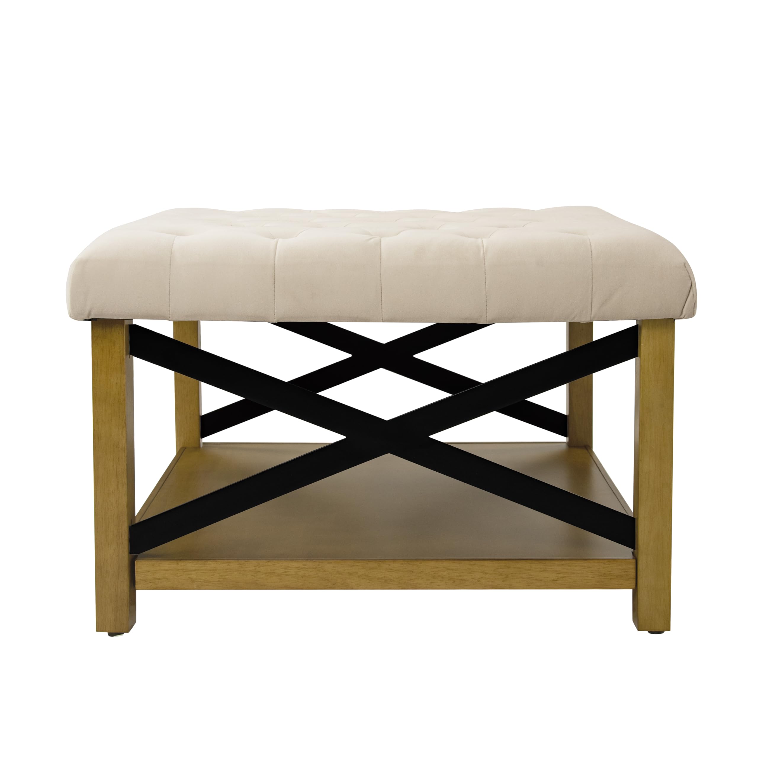 Upholstered Bench with Wood Frame and Shelf