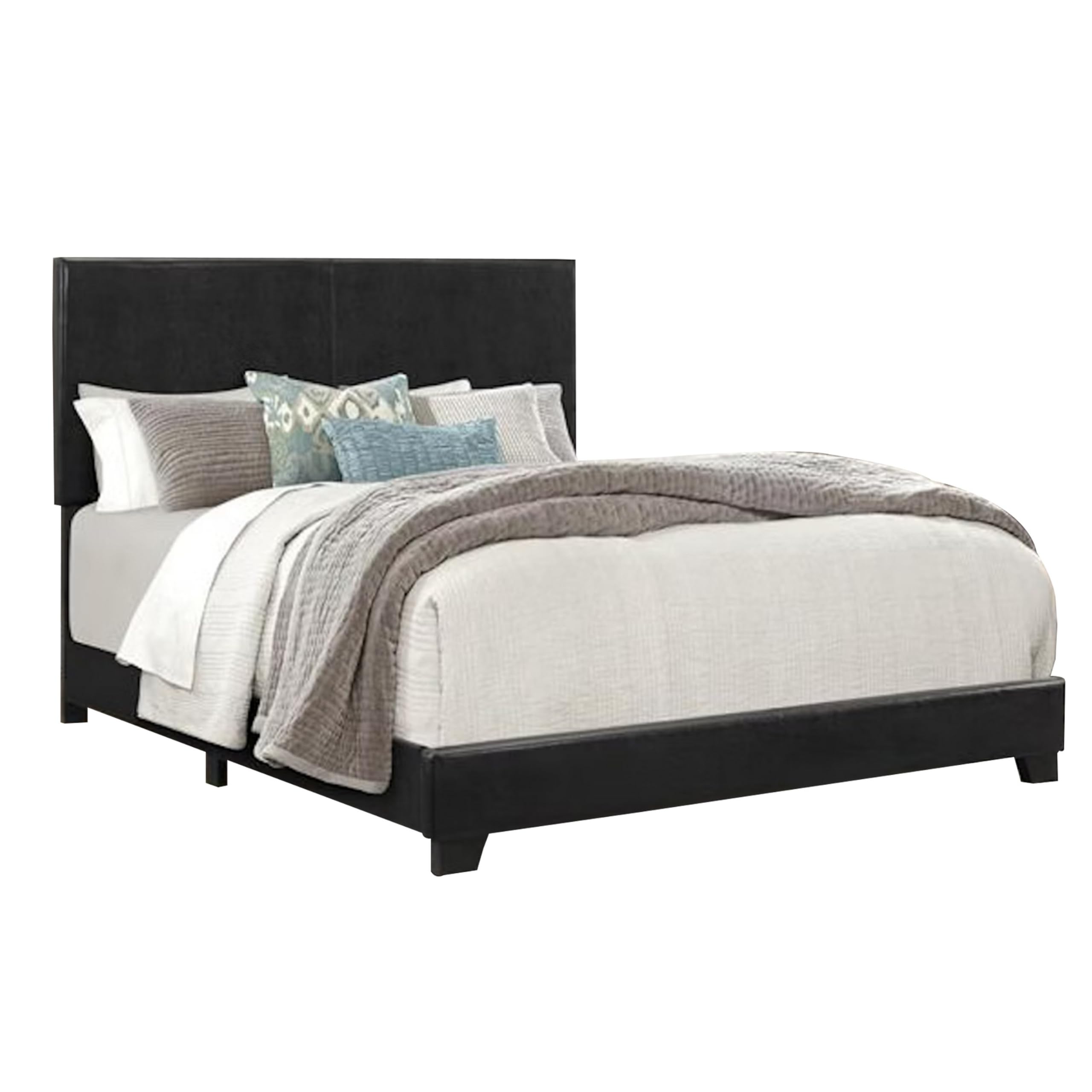 Benjara Shirin California King Bed, Wood, Nailheads, Upholstered Headboard, Black
