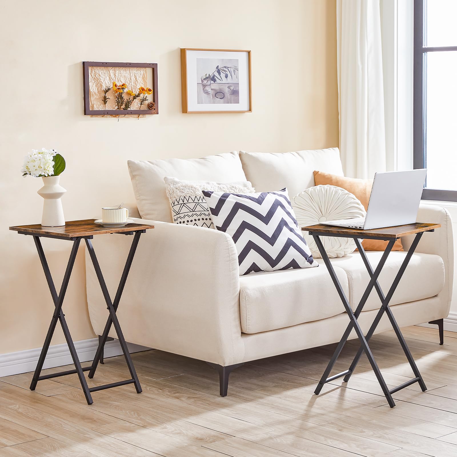 Folding TV Tray Tables, Set of 2 Wooden TV Trays Side Tables, Portable Sofa Snack Table