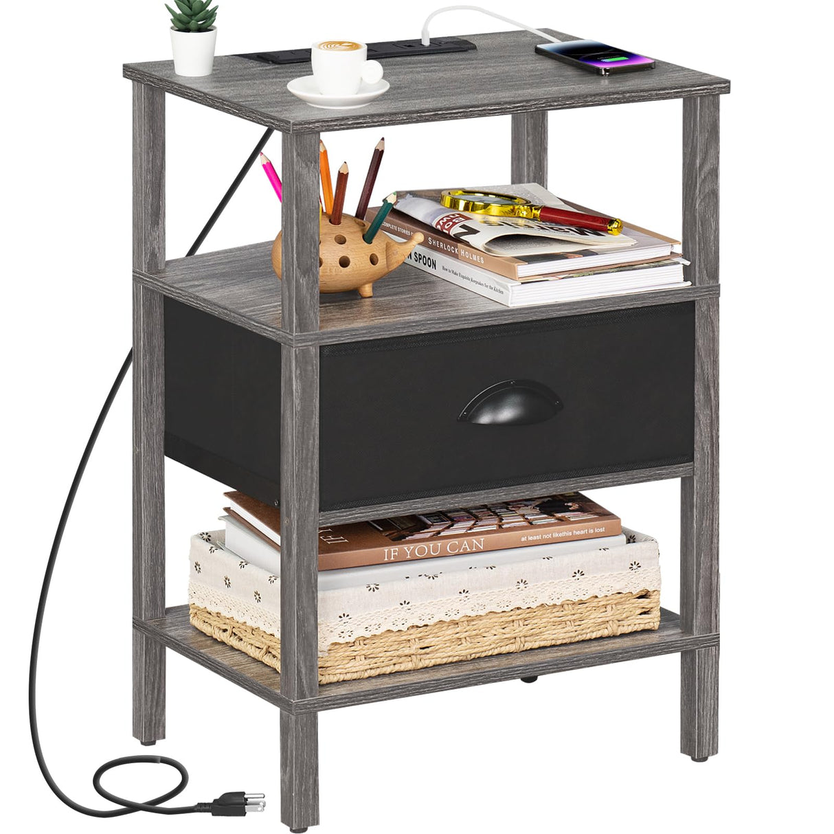 Nightstand with Charging Station and USB Ports, 3-Tier Storage End Table