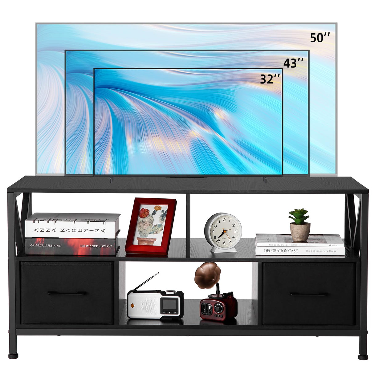 50 inch TV, Entertainment Center with Fabric Drawers, Entertainment Stand with Open