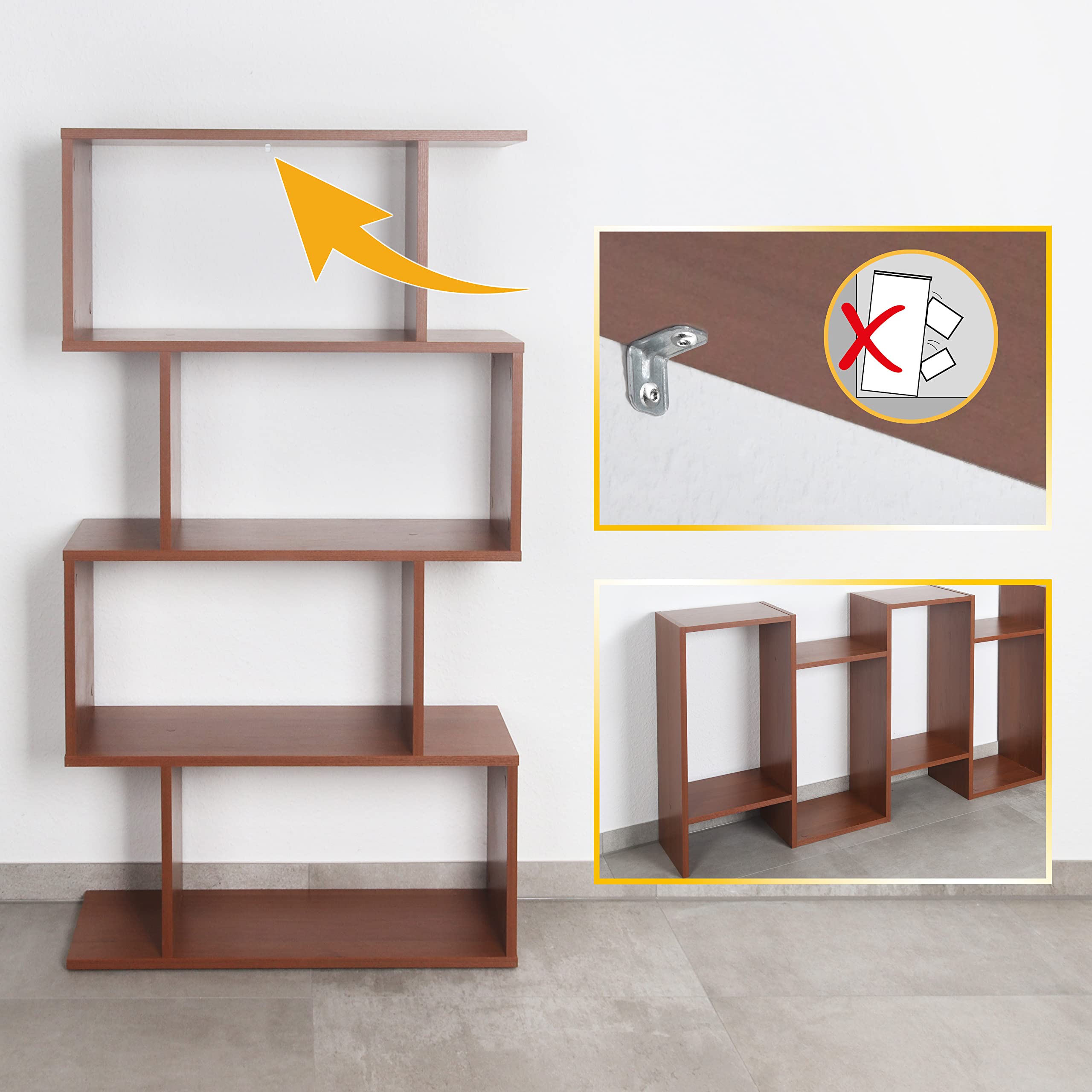 RICOO WM071-ER Storage Shelf 129 x 70 x 25 cm Bookcase Wooden Furniture Organiser Large Capacity 4 Compartments Open Oak Colour Brown