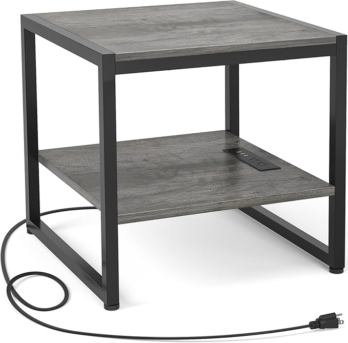 End Table with Charging Station, 20 Inch Square Side Table with USB Ports & Power Outlets