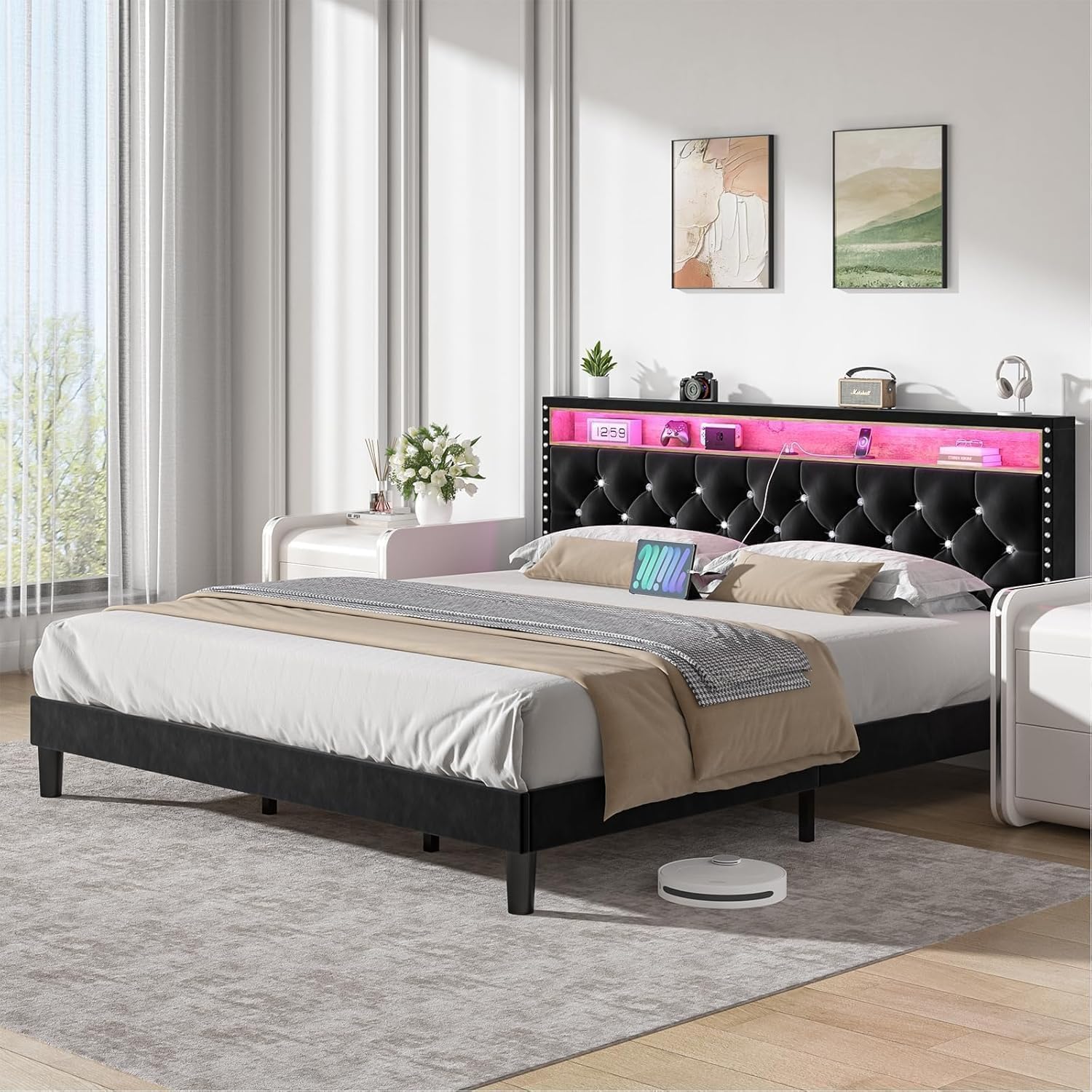 King Size Bed Frame with LED Lights and Storage Headboard