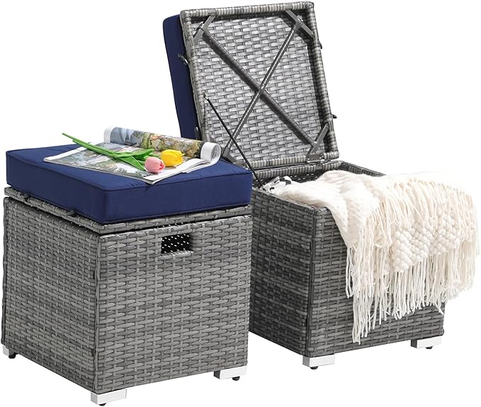 2 Piece Outdoor Patio Ottomans,All-Weather Grey PE Rattan Wicker Ottoman with Storage