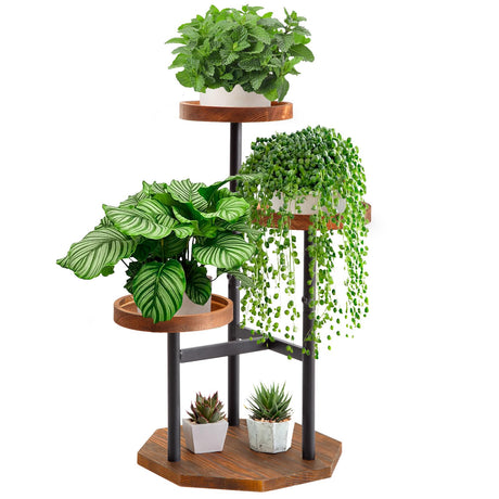 TEAKMAMA 3 Tier Plant Stand Tall Metal Wood Plant Shelf Holder for Indoor with Raised Design for Multiple Plants Outdoor Garden Plant Decor for Patio Garden Corner Living Room Balcony Bedroom