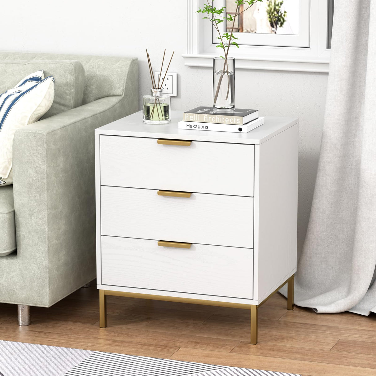 Nightstand with 3 Drawers, Modern Wood Night Stand with Storage Drawers