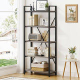 BON AUGURE Industrial Bookshelf, Etagere Bookcases and Book Shelves 5 Tier, Rustic Wood and Metal Shelving Unit (Dark Gray Oak)