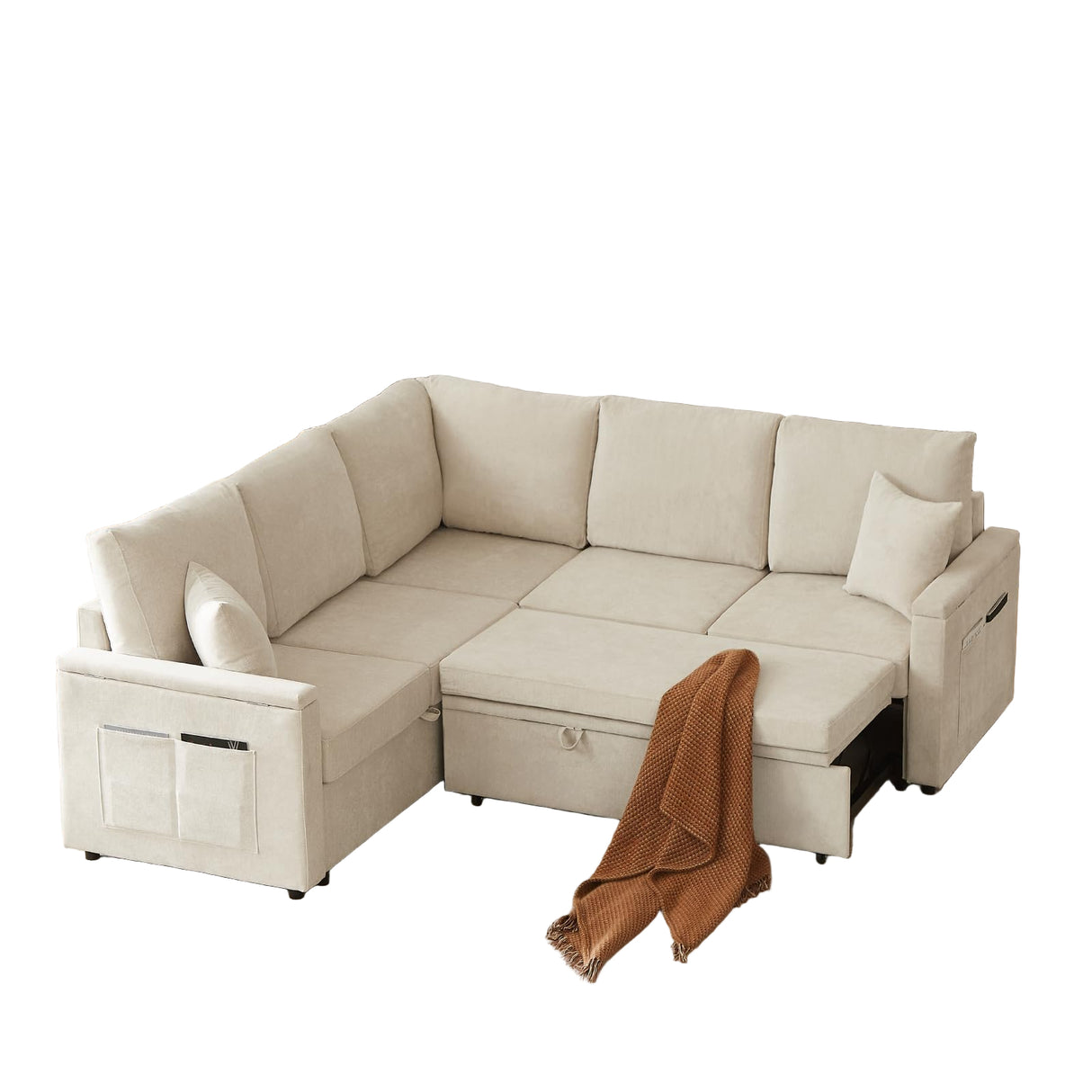 87'' Sectional Sleeper Sofa with Pull Out Bed, 6 Storages U Shaped 5 Seater Modular
