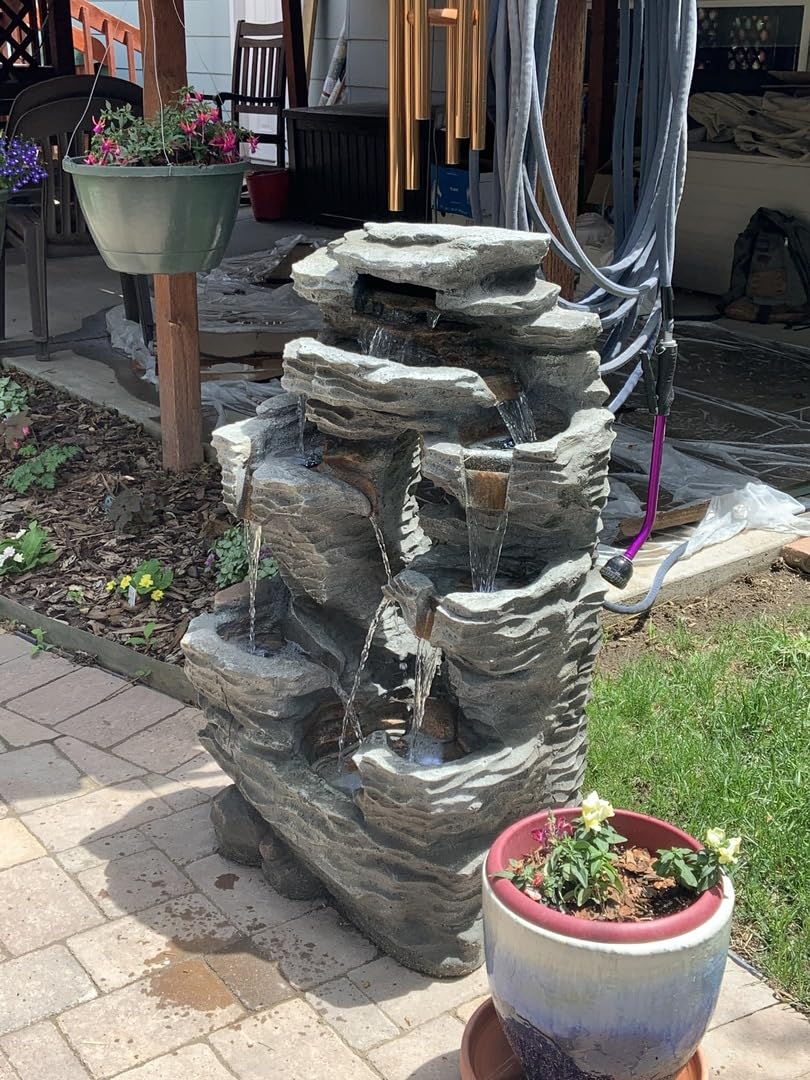 Dual Cascading Rock Falls 39-Inch Outdoor Water Fountain with LED Lights