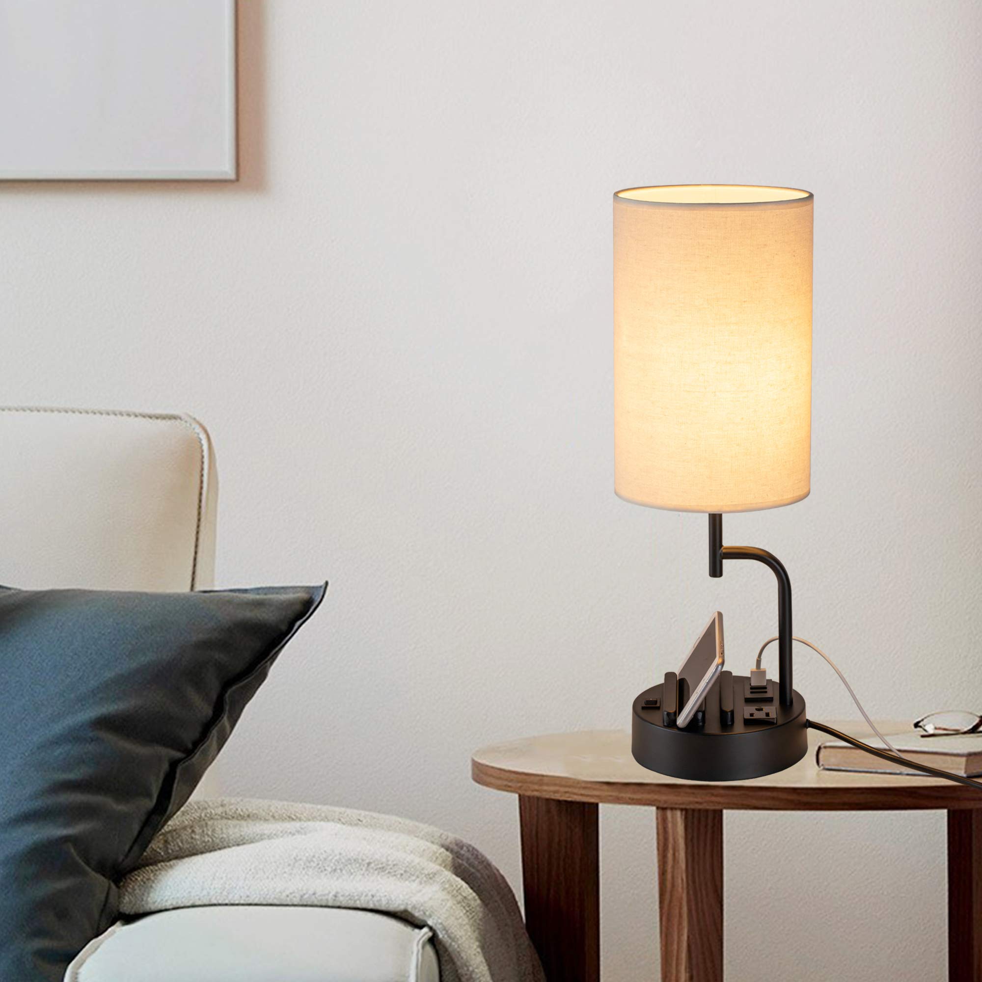 Table Lamp with 3 USB Charging Ports, Modern Desk Lamp with AC Outlet and Phone