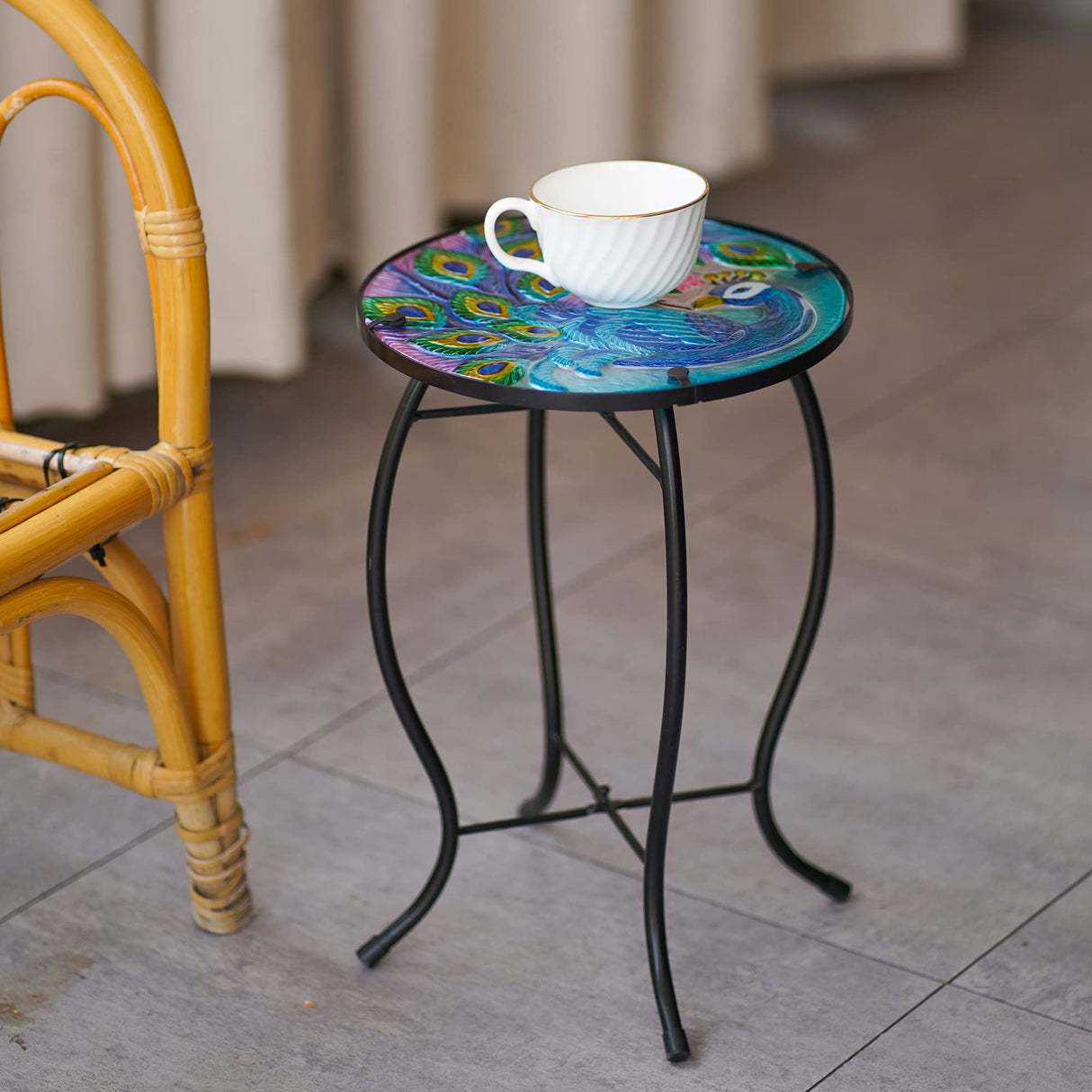 NewVees Peacock Patio Side Table, Small Patio Outdoor Side Table, Plant Table,Metal Glass End Table for Porch Garden Yard Pool.