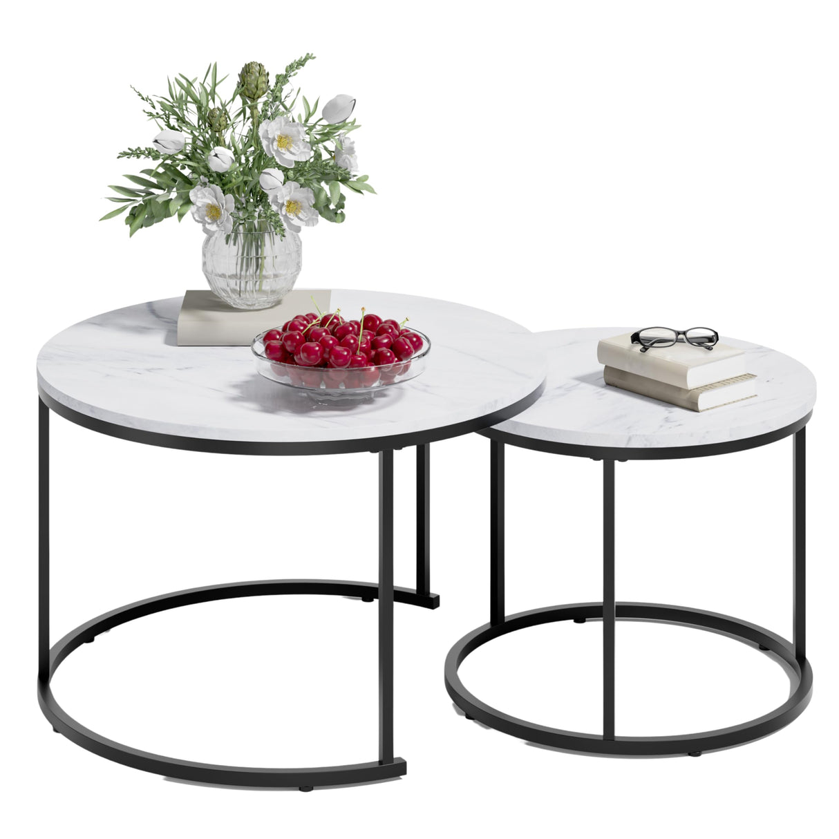 Round Coffee Table Set of 2,Modern Faux Marble Coffee Table for Living Room