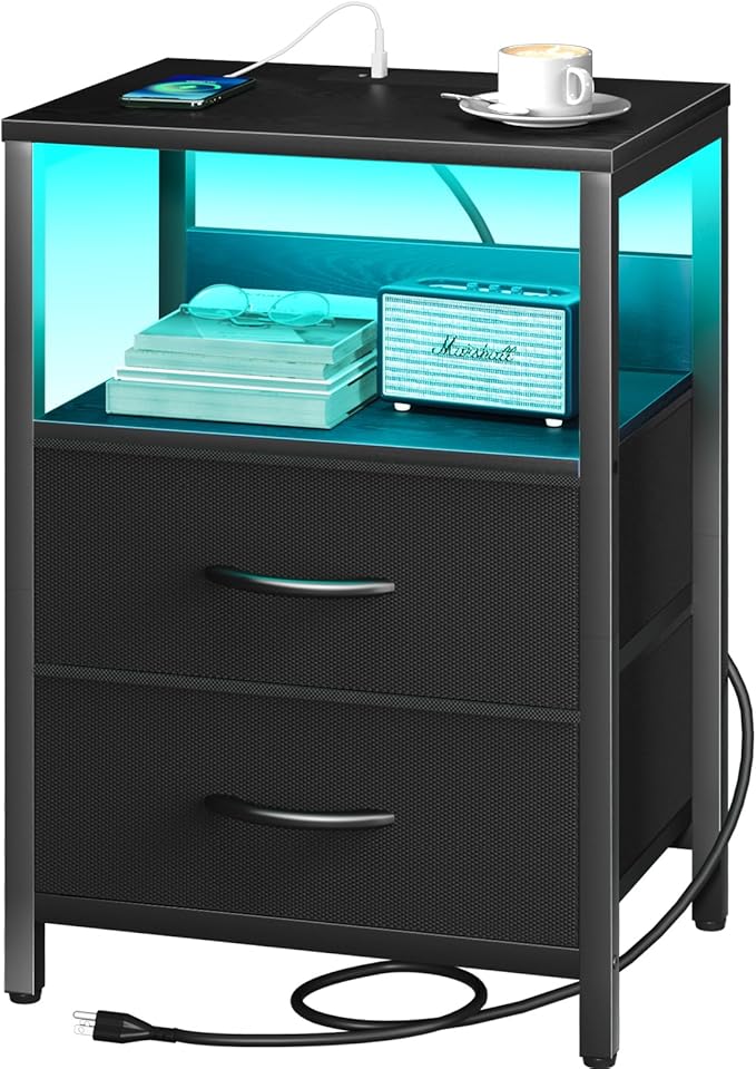 Nightstand with Charging Station, LED Night Stand with Fabric Drawers and Storage Shelf for Bedroom