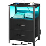 Nightstand with Charging Station, LED Night Stand with Fabric Drawers tlets