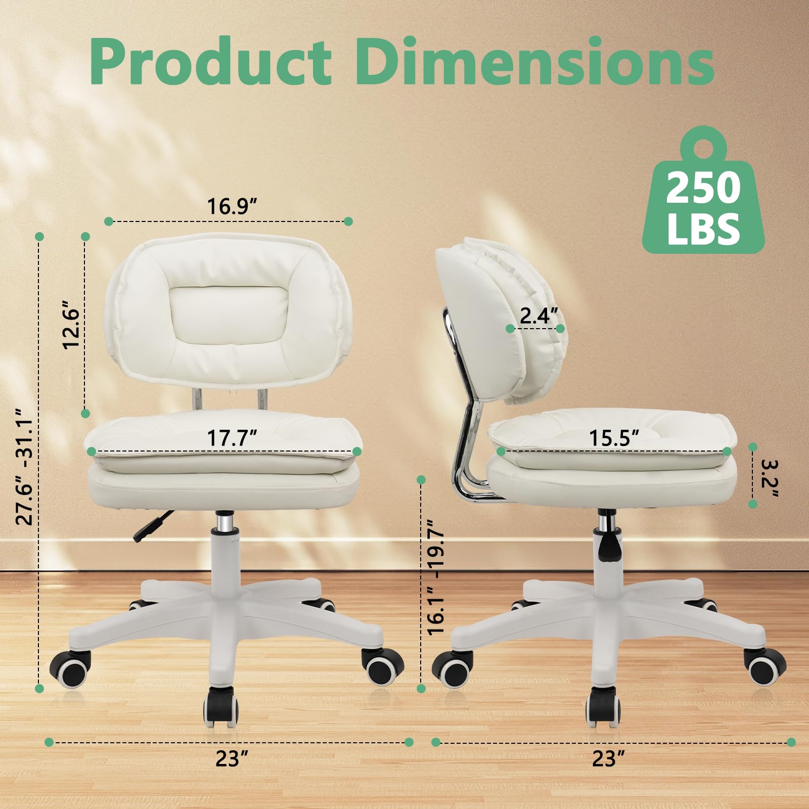 Small Rolling Stool with Backrest - Adjustable Height Vanity Chair