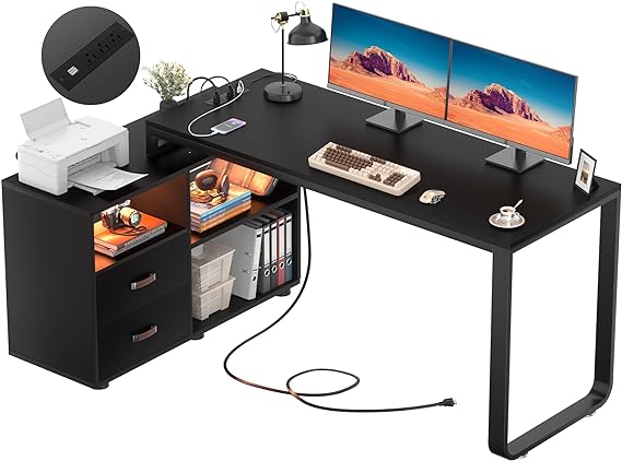 HomeEase 55-Inch L-Shaped Desk with File Cabinet, Power Outlet & Reversible Design