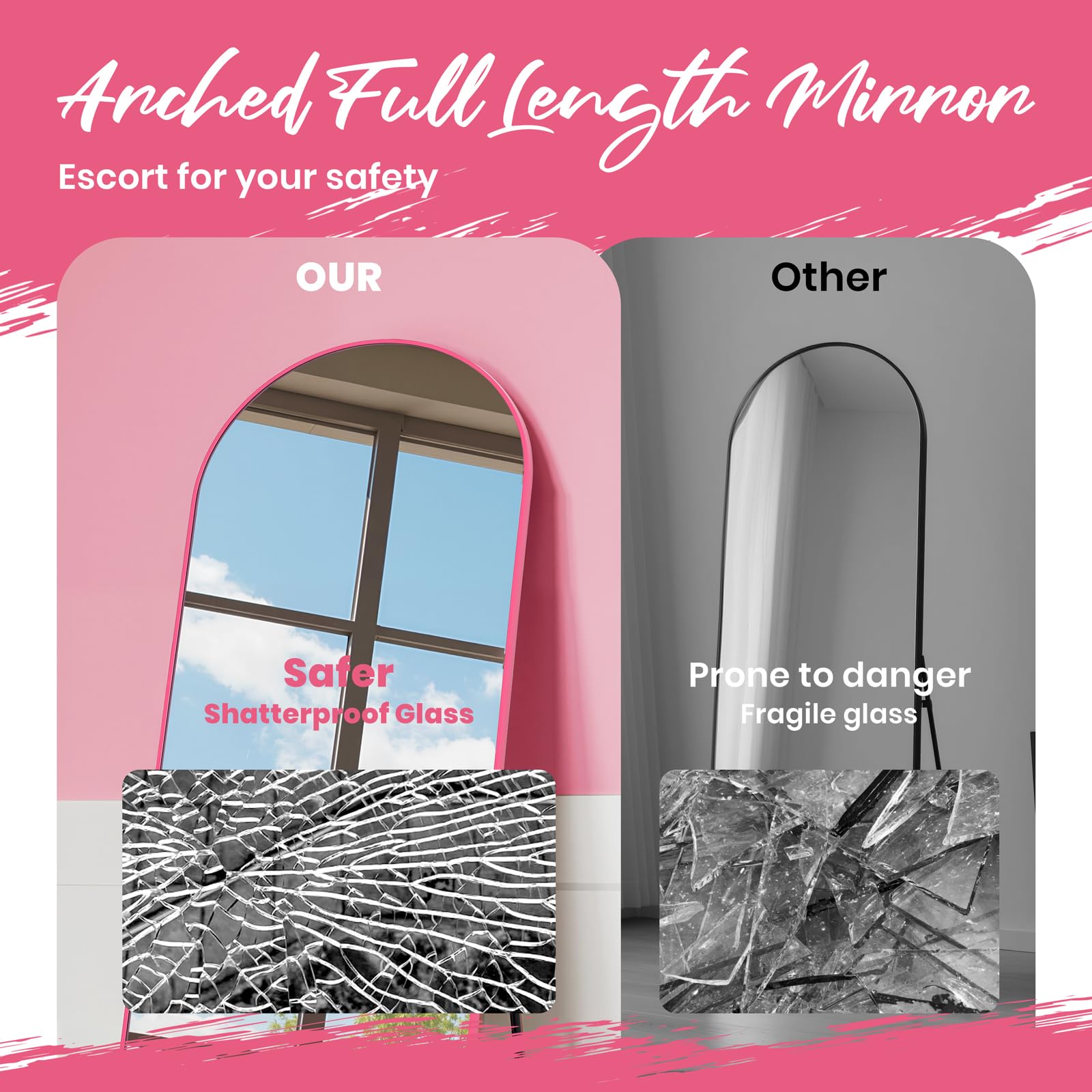 Arched Full Length Mirror 19x57 - Pink Aluminum Frame Floor Mirror
