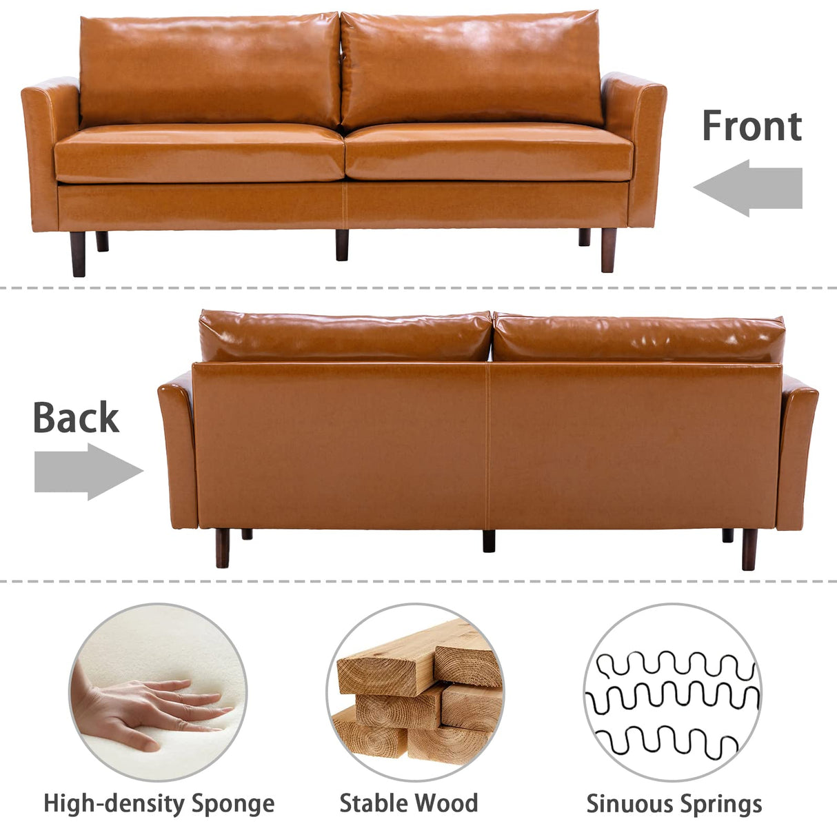 80'' Faux Leather Sofa Couch, Mid-Century Modern Sofa with Solid Wooden Frame