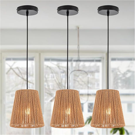 Farmhouse Rattan Pendant Light Fixture Vintage Boho Hand-Woven Bamboo Pendant