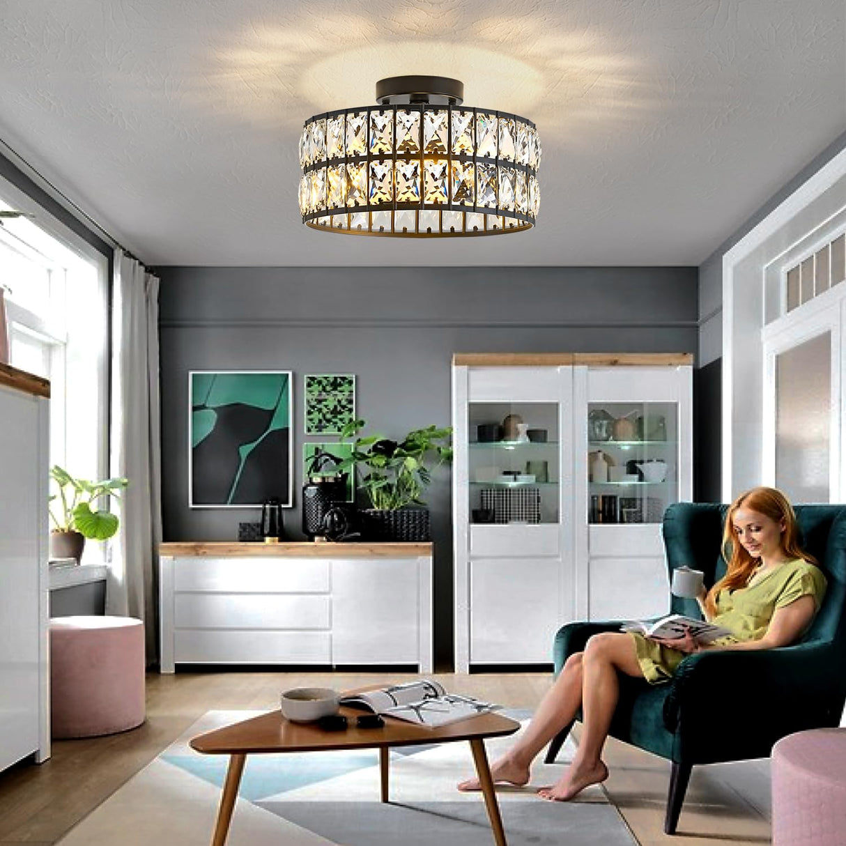 Modern Bedroom Light Fixtures Ceiling, 12.5" Round Drum Crystal Chandelier 3-Light