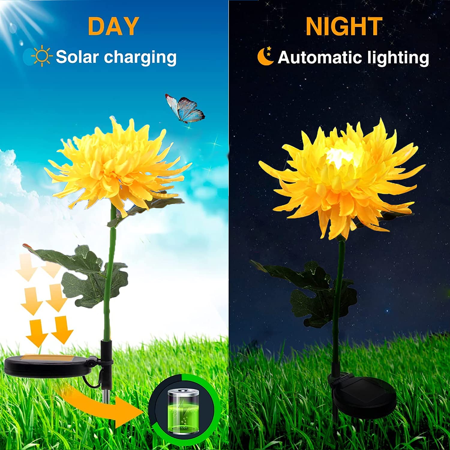 Outdoor Solar Garden Stake Lights, 3 Pack Chrysanthemum Flower