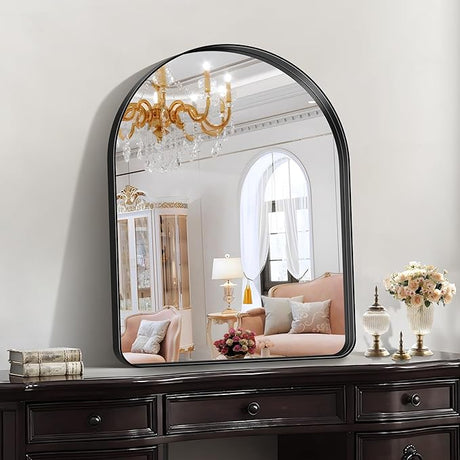 Arched Wall Mirror, 36"×40" Bathroom Mirror Black Deep Frame, Large Modern Dresser Mirror Wall Mounted Decor Metal Frame for Bedroom Living Room Entryway Fireplace Mantel Dining Room