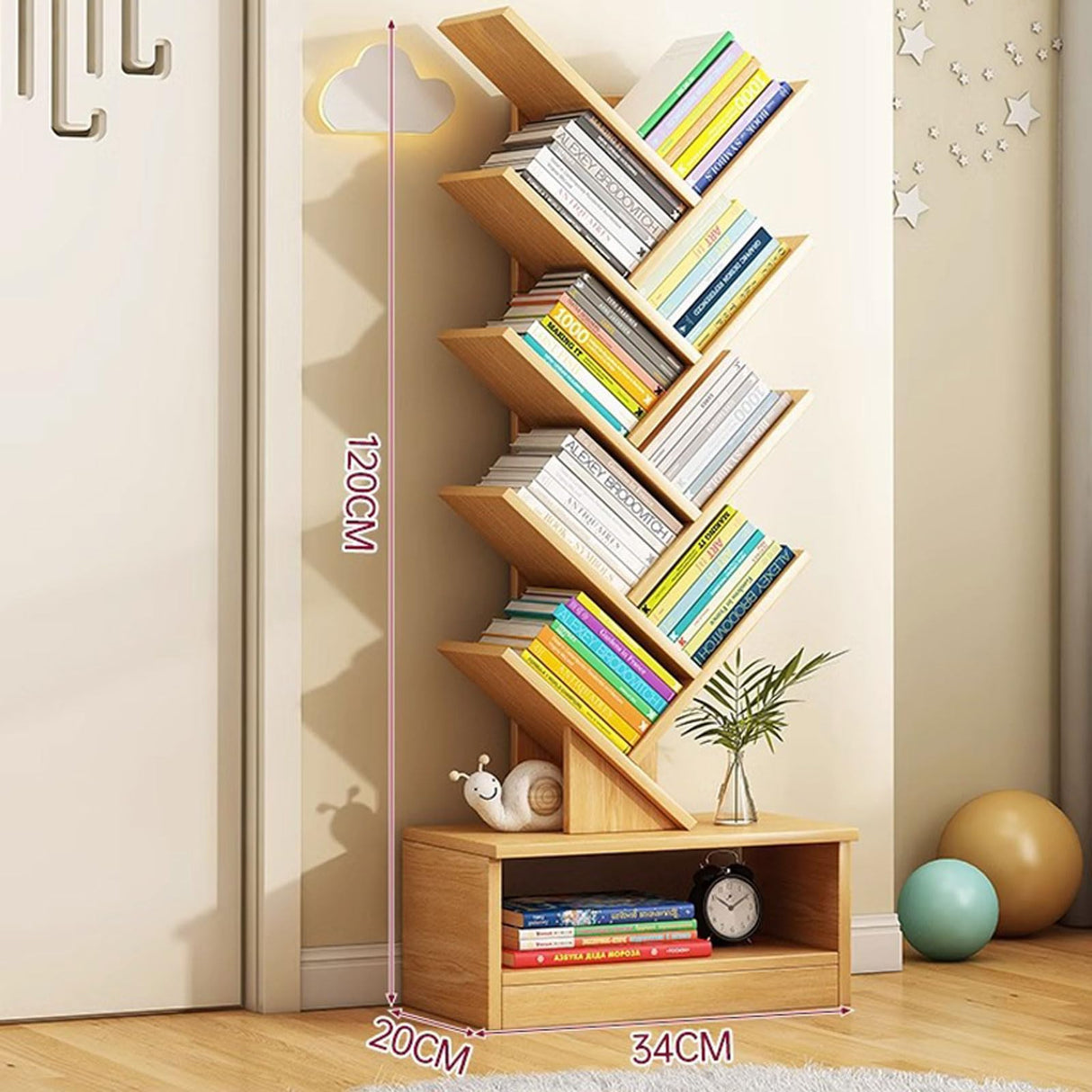 YDkjwjw Freestanding Bookshelf, Tree Bookshelf with Cabinet Industrial Open Bookcase Floor Standing Display Shelves Utility Bookshelves Organizer for Books CDs Plants