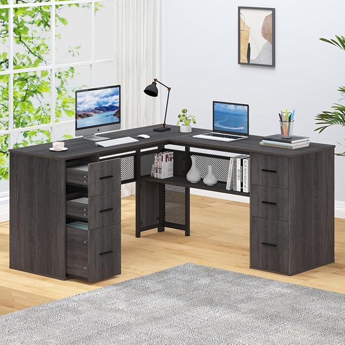 Large L Shaped Desk with Storage File Cabinet，Corner L-Shaped Computer Desk
