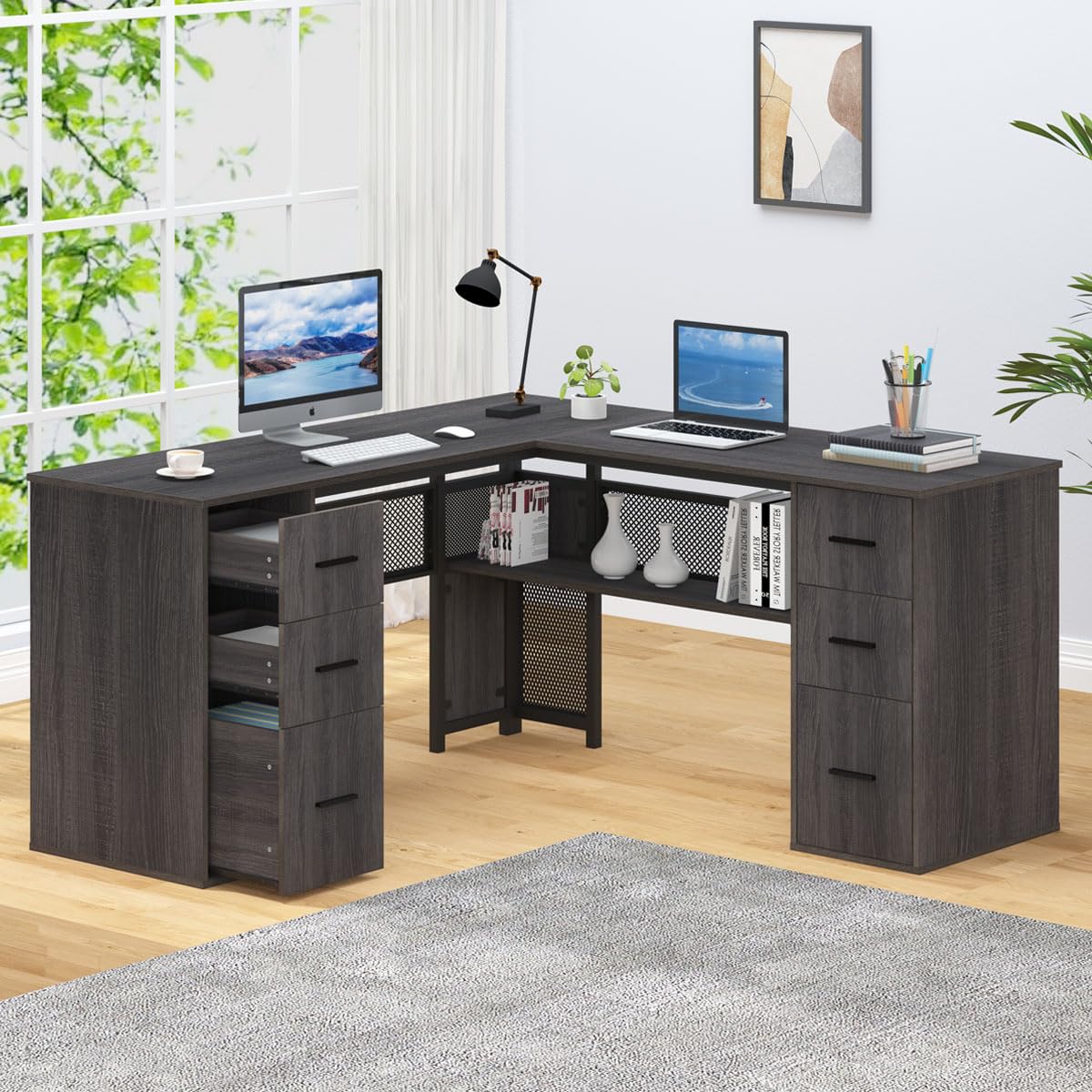 Shaped Corner Home Office Desk with Drawers, Large Computer Desk with Storage File Cabinet Shelves, Rustic Wood Metal Computer Table for Bedroom Executive Work Study Writing, Dark Gray, 59 Inch