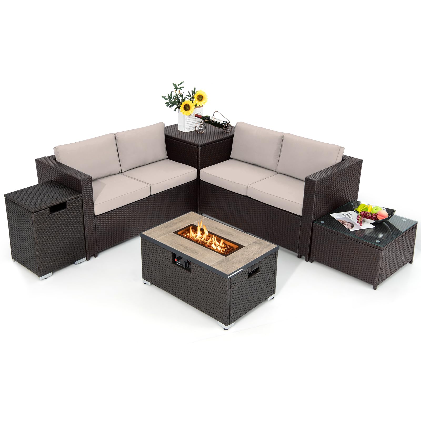 6 Pieces Patio Wicker Furniture Set with 32 Inches Propane Fire Pit Table and Tank Holder