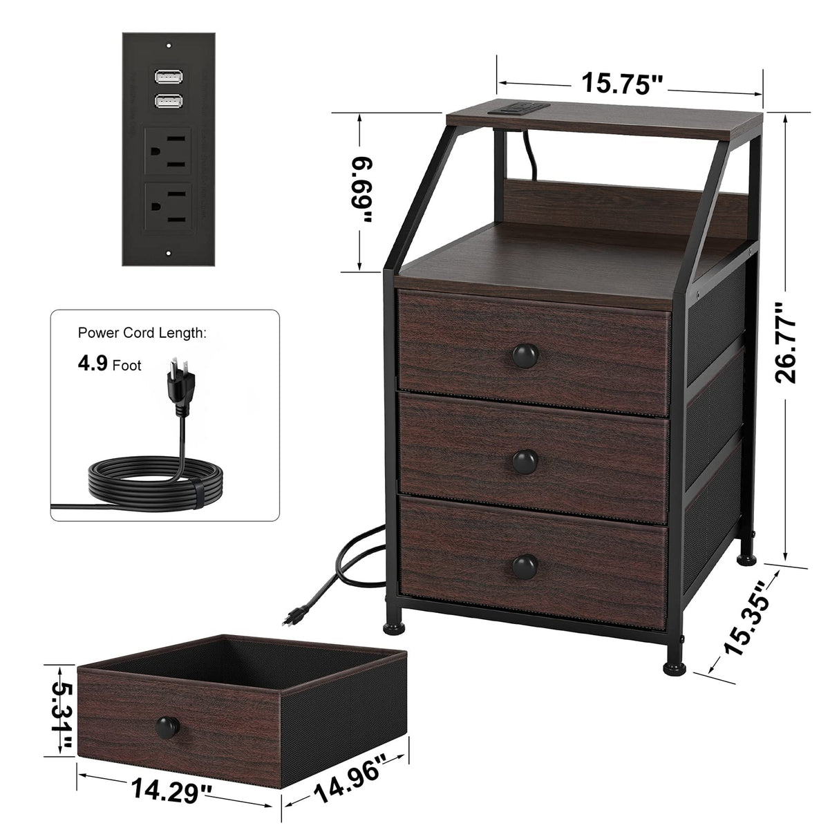 Nightstand Set of 2, Brown Night Stands with Charging Station, Bedside Tables