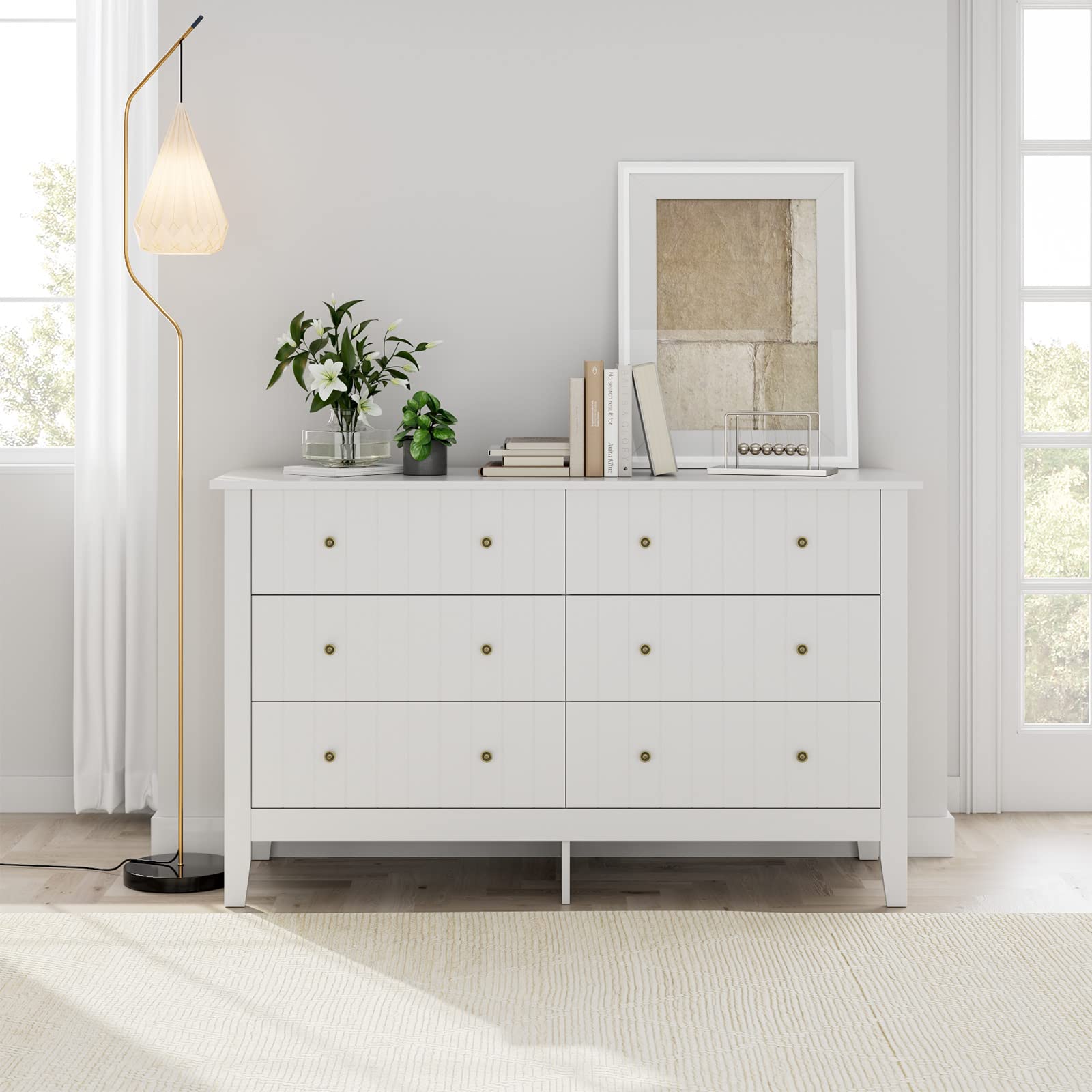White Dresser, Chest of Drawers, Modern 6 Drawer Double Dresser with Deep Drawers