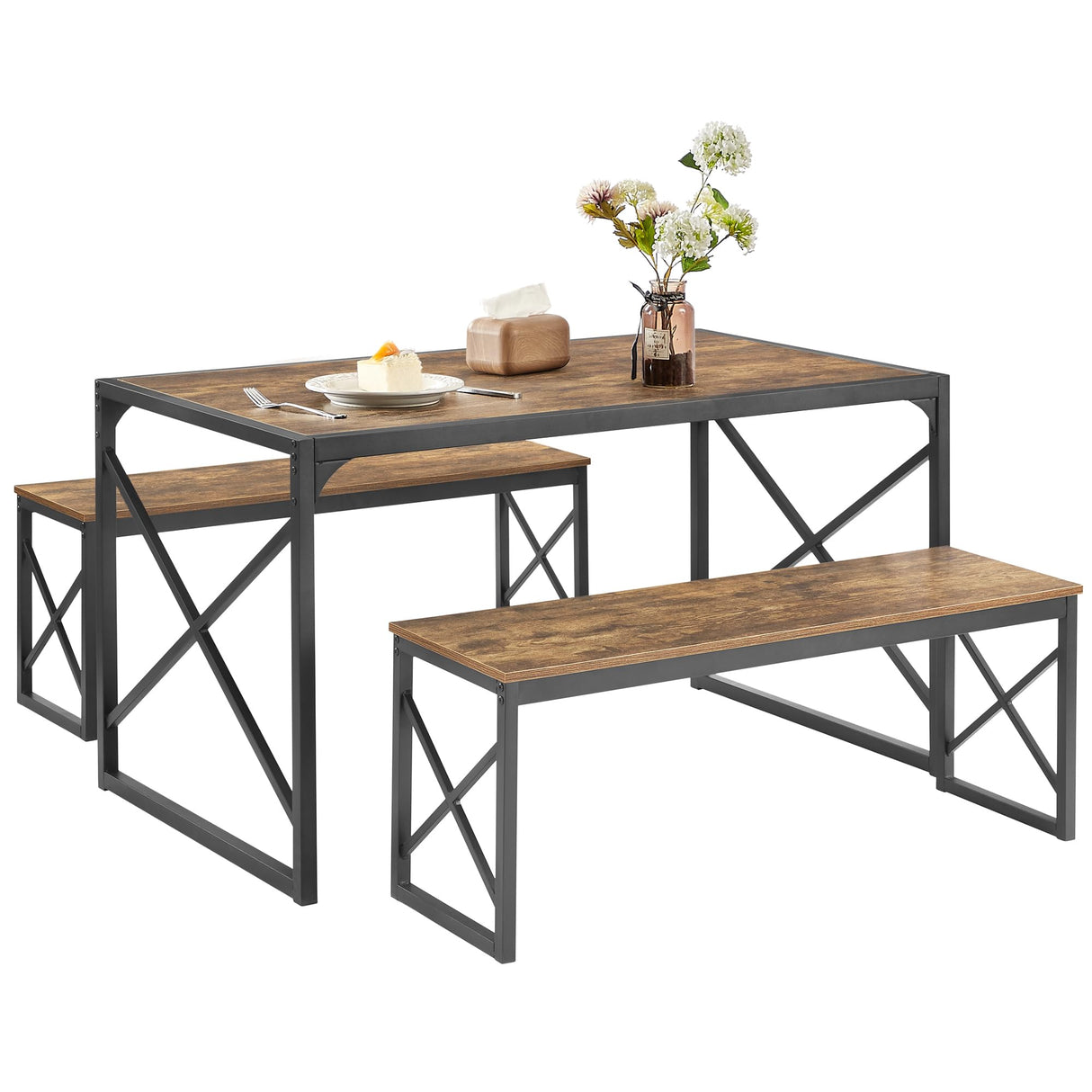 Kitchen Table with 2 Benches for 6,Wood Dining Room Dinette Sets with Metal Frame