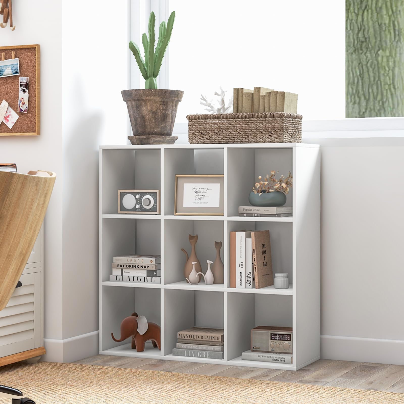 9-Cube Bookshelf, Wooden Open Bookcase, Dual Anti-Tipping Kits, Freestanding Modern Cube Storage Display Shelf for Living Room Kid's Room (White, 9-Cube)