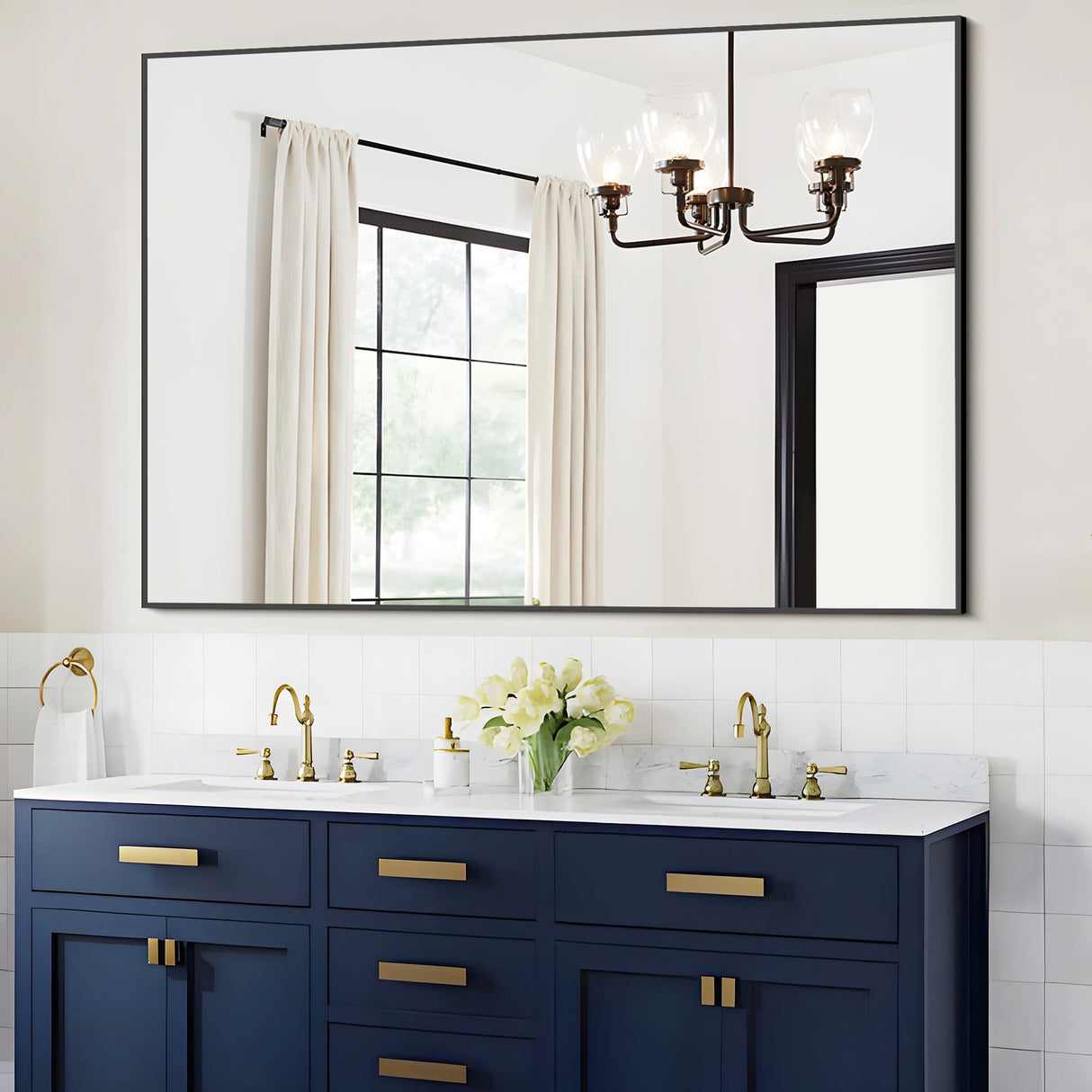 Black Bathroom Mirror, 48"X36" Rectangle Mirrors for Wall Metal Frame