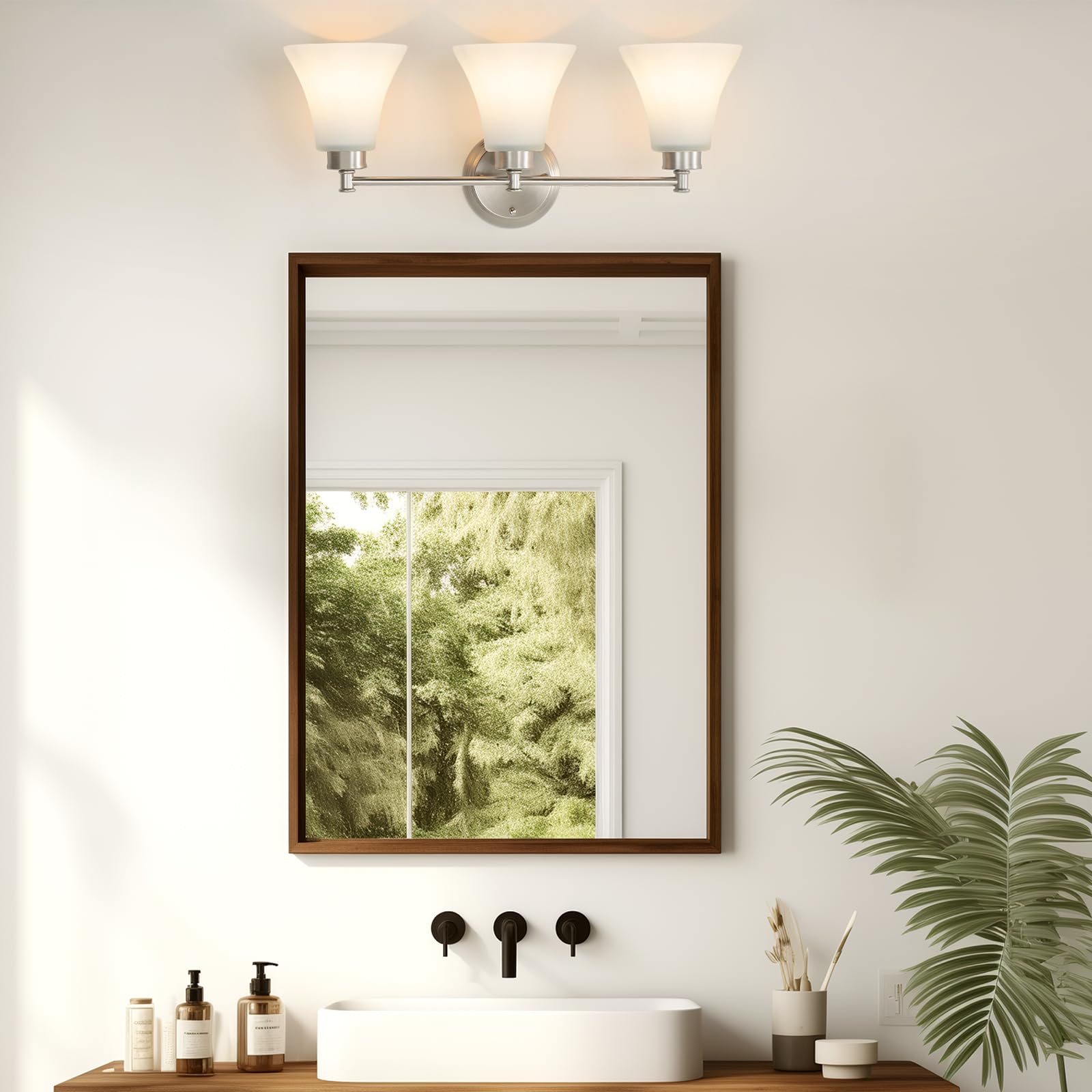 3 Light Vintage Brushed Nickel Vanity Lighting Fixtures over Mirror