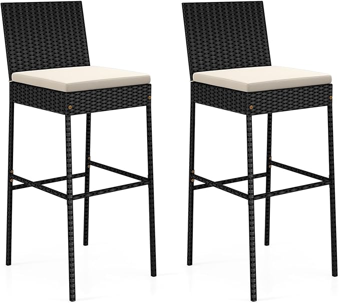 Outdoor Bar Stools Set of 2 - Wicker Rattan Patio Barstools Tall Chairs w/Back, Footrest