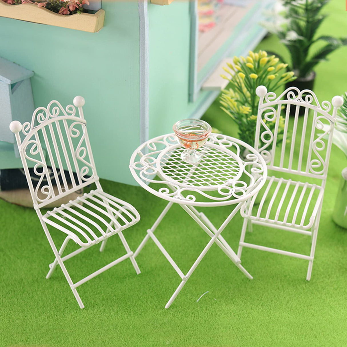 Metal Doll House Bistro Set, White Miniature Doll House Table and Chairs Set, 1/12 Scale Miniature Patio Set Fairy Garden Furniture Ornaments Micro Decor A