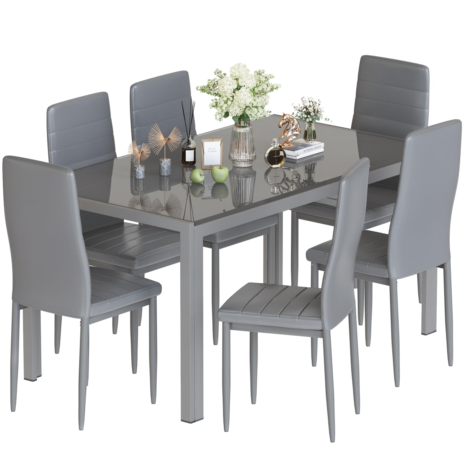 Glass Dining Table Set with 6 Chairs