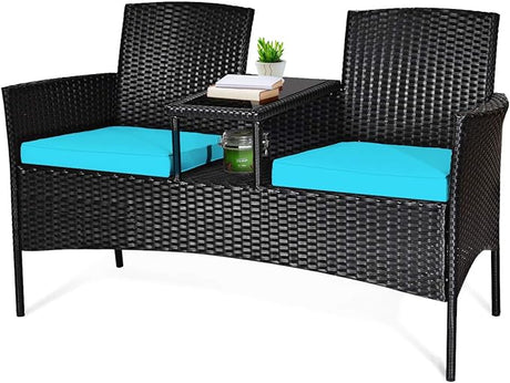 Outdoor Rattan Loveseat, Patio Conversation Set with Cushions & Table