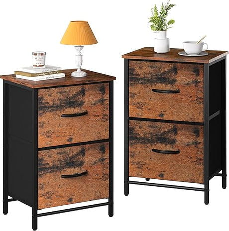 Fabric Nightstand Set of 2 - Small Wood Bedside Tables with Storage Drawers