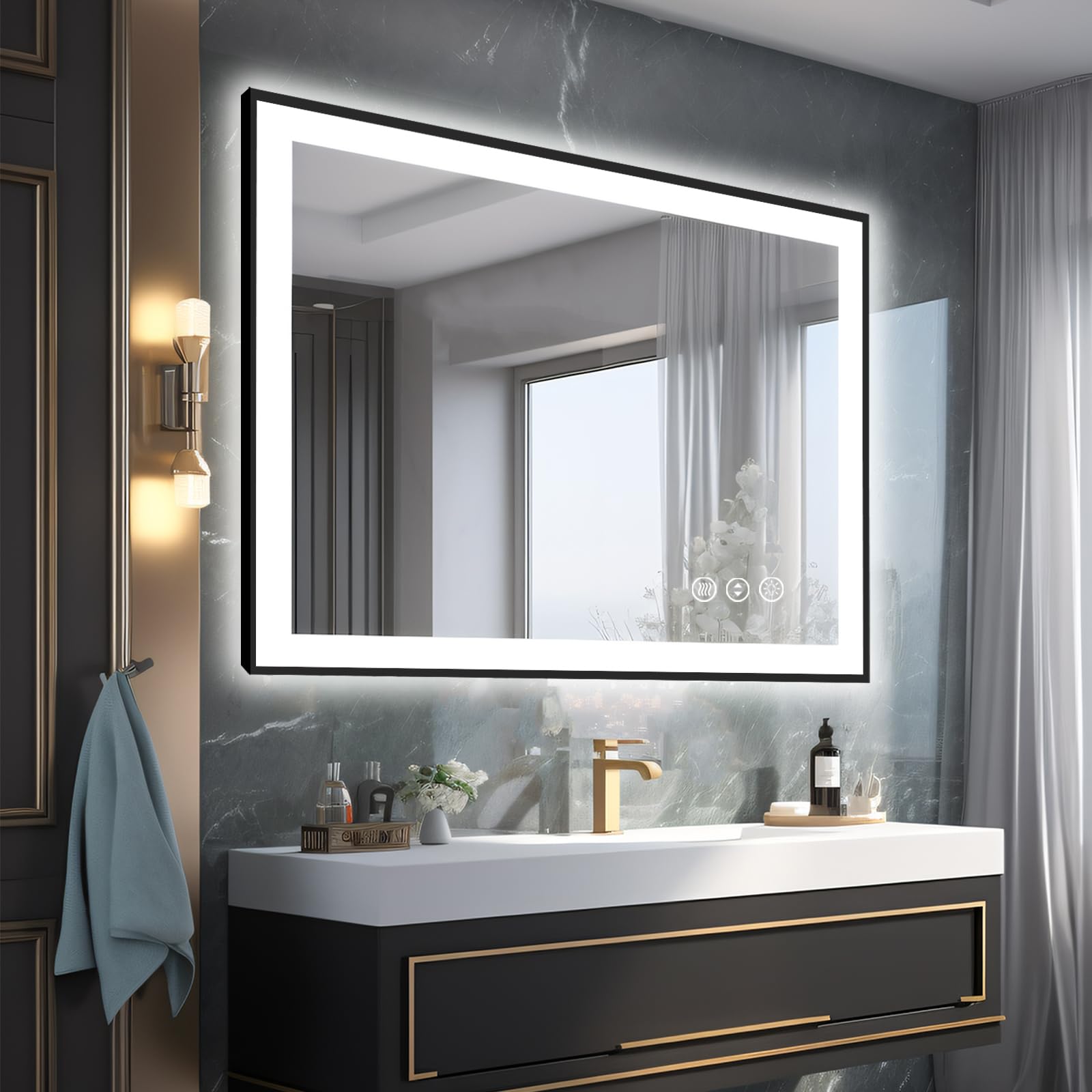 LED Bathroom Mirror, Black Aluminum Framed