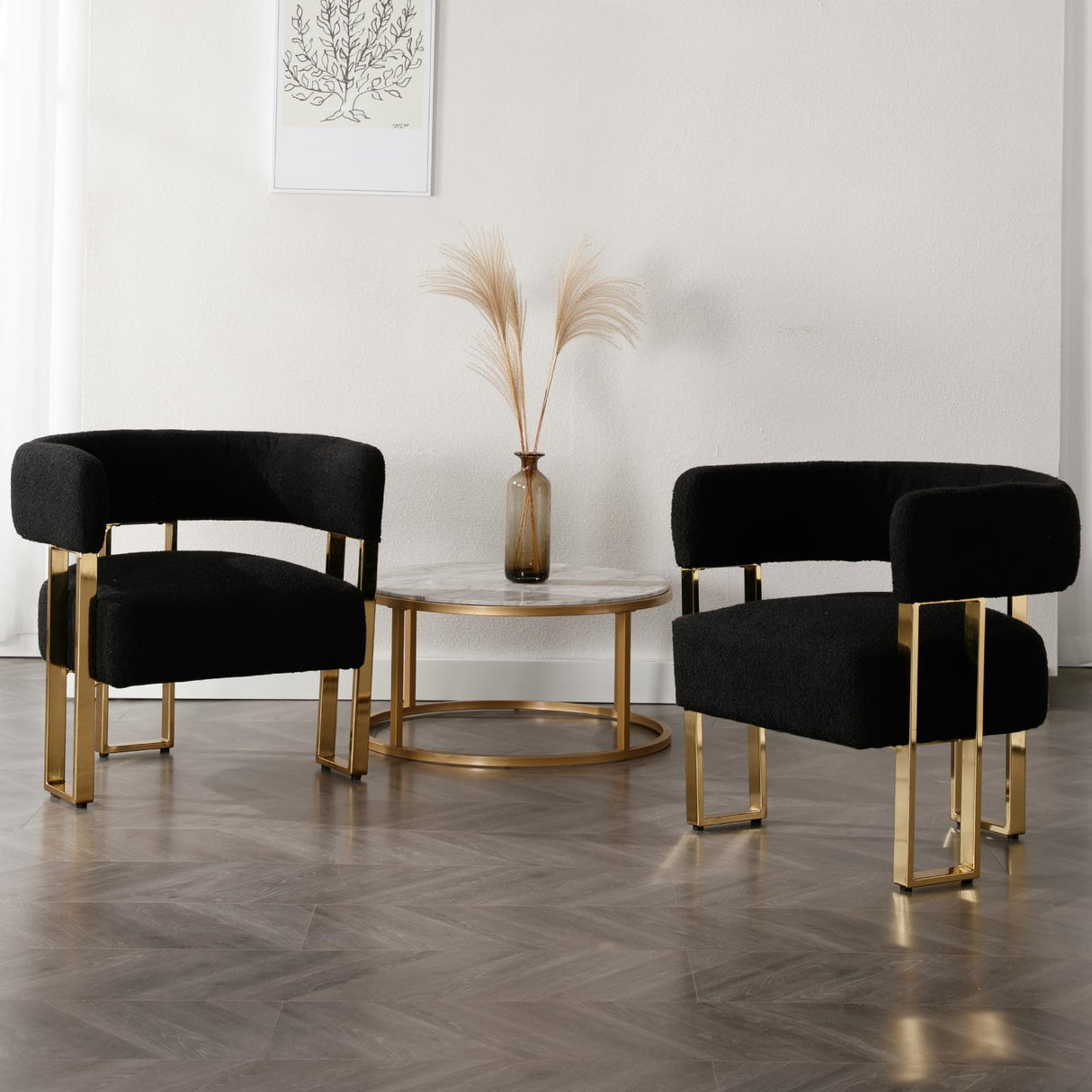 Modern Barrel Accent Chairs Set of 2, Boucle Fabric Living Room Chairs with Gold Metal