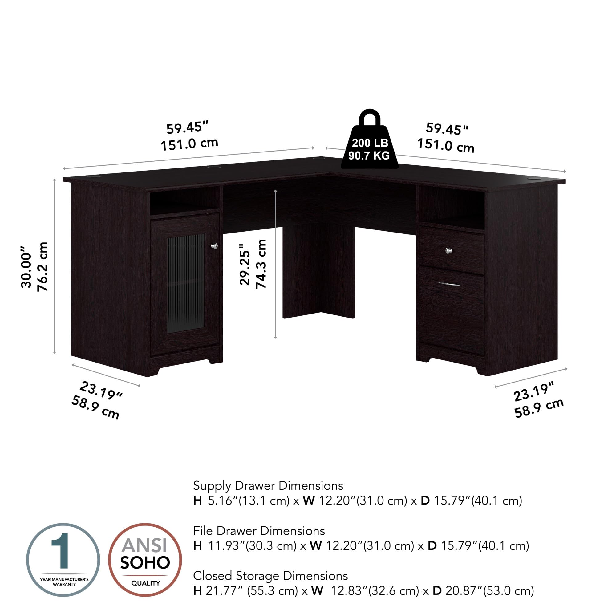 Cabot 60W L Shaped Computer Desk with Storage in Linen White Oak