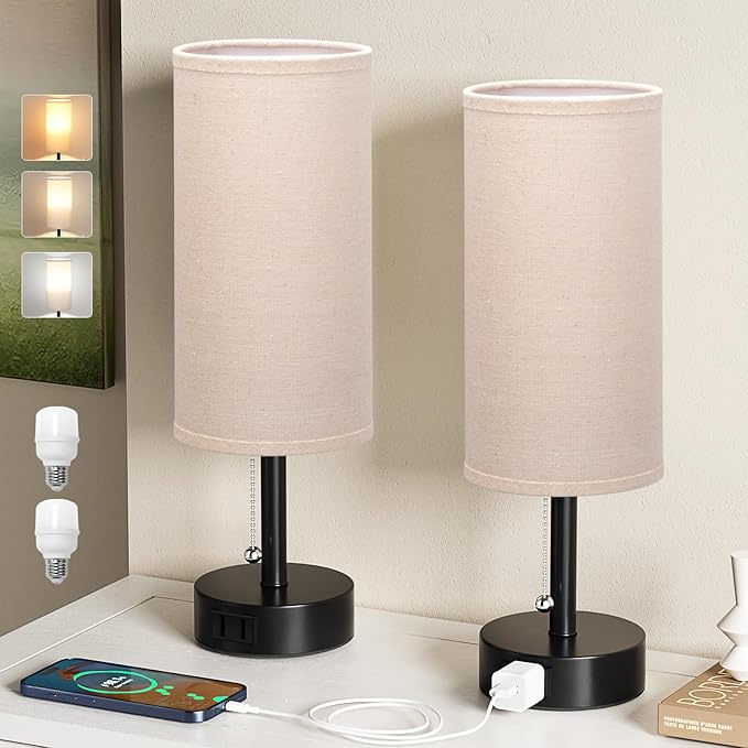 Bedside Table Lamps Set of 2 - 3 Color Temperatures Pull Chain Lamp