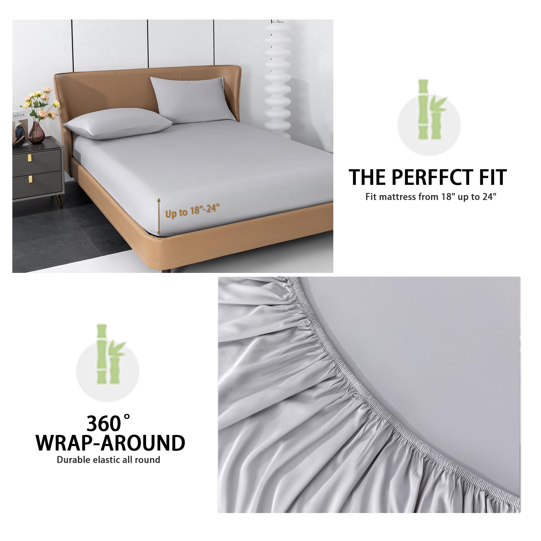 Cooling Sheets Rayon Derived from Bamboo 18"-24" Extra Deep Pocket Queen Sheets