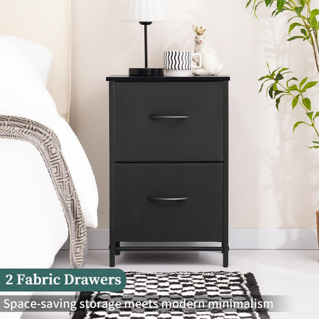 Fabric Nightstand Set of 2 - Small Wood Bedside Tables with Storage Drawers