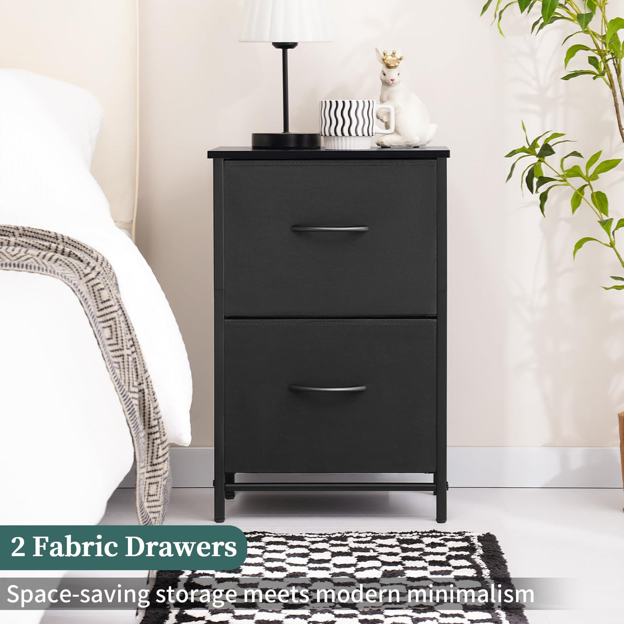 Night Stand Set 2, Nightstand with 2 Fabric Drawers, Small Wood Nightstands for Bedroom