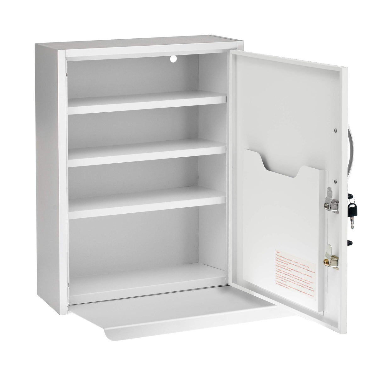 White Locking Medication Cabinet with Document Pocket, Metal Wall Mounted